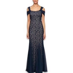 NWT Alex Evenings Fit & Flare Lace Cold Shoulder Navy Sequin Lace Dress Size 8